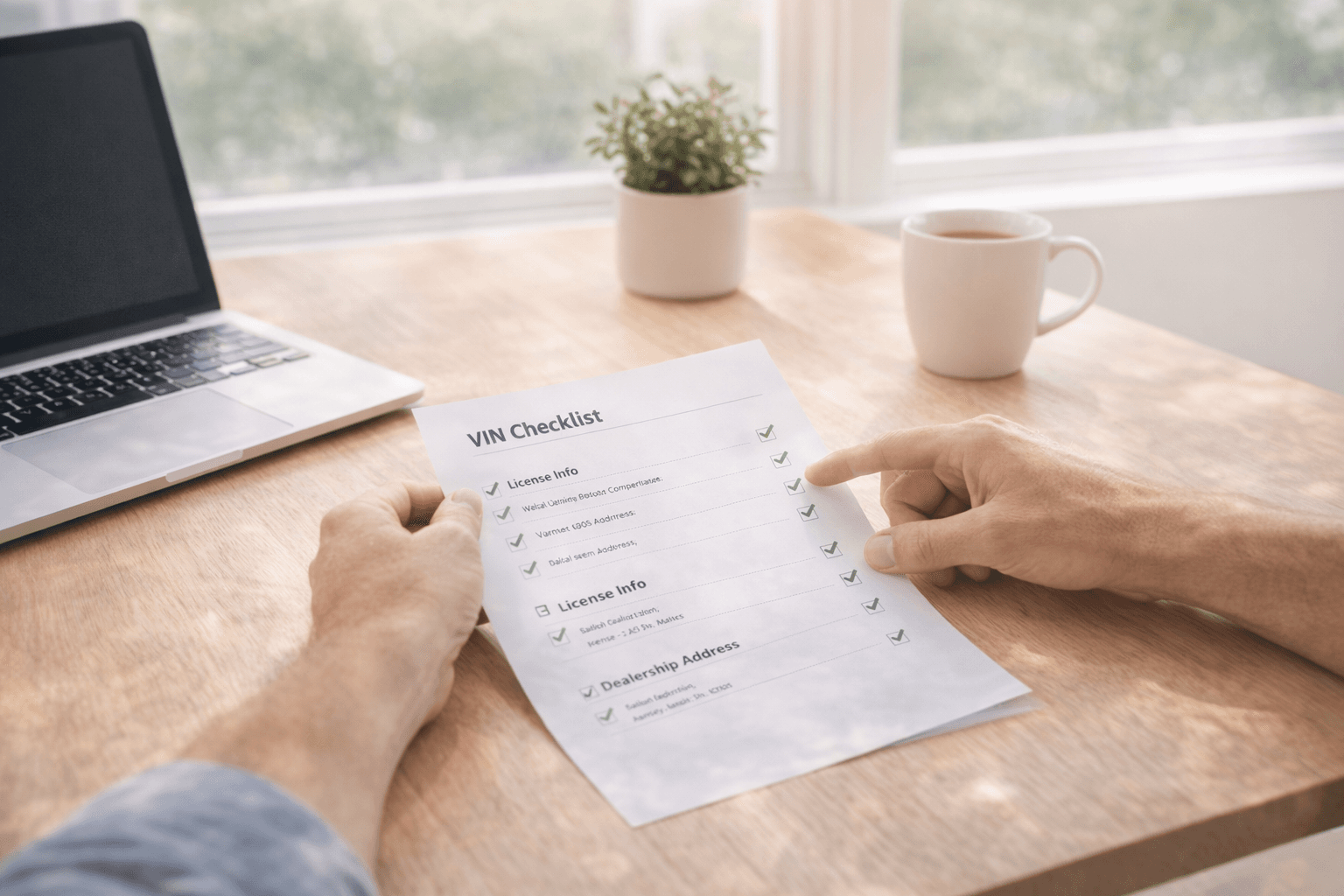 Two buyers reviewing a VIN checklist and dealership details on a tablet before sending money