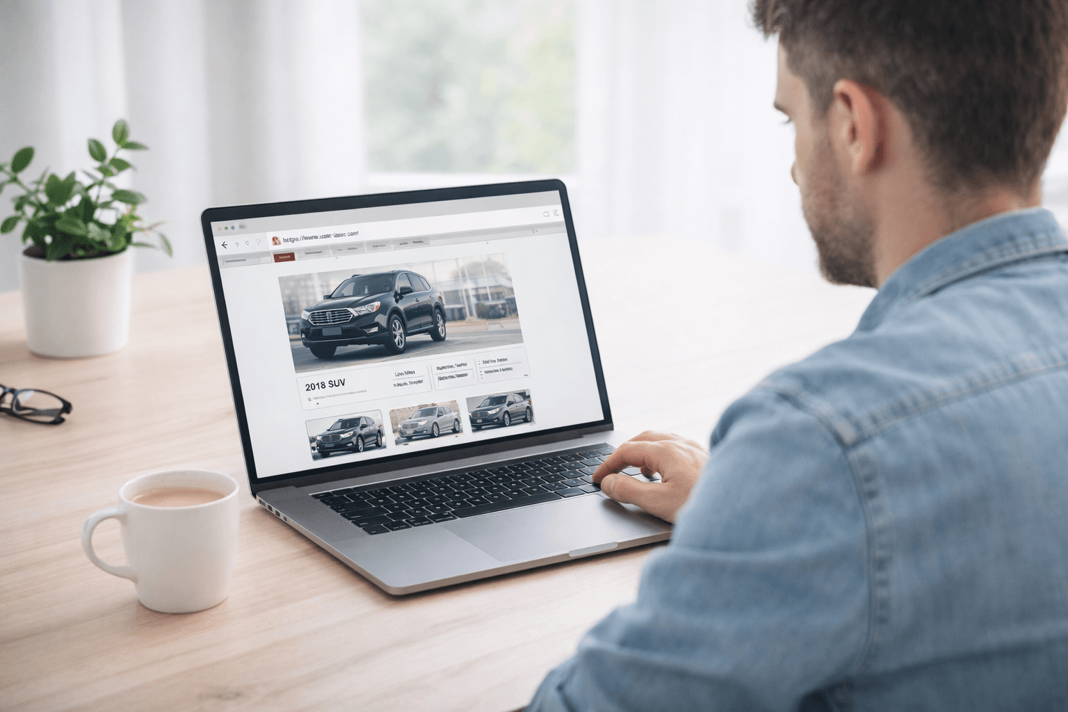 Shopper reviewing an online vehicle listing at a bright desk before deciding whether the seller is real