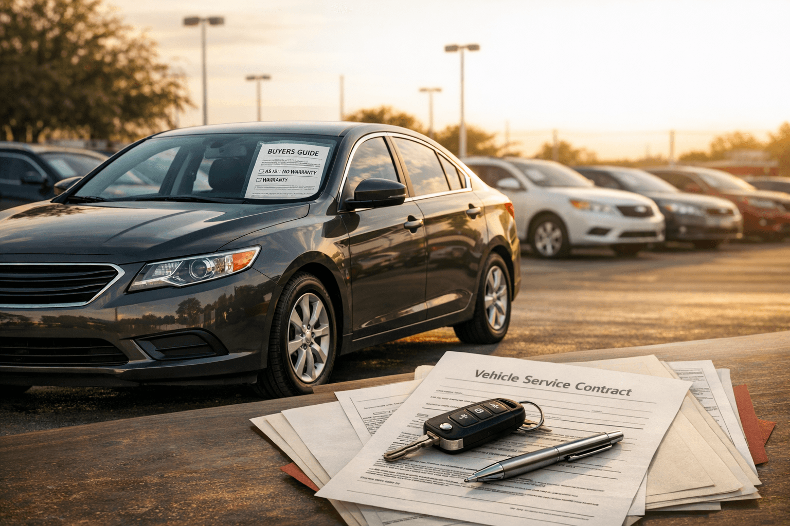 Used car buyers guide on a windshield beside keys, service-contract paperwork, and a mechanic inspection flashlight