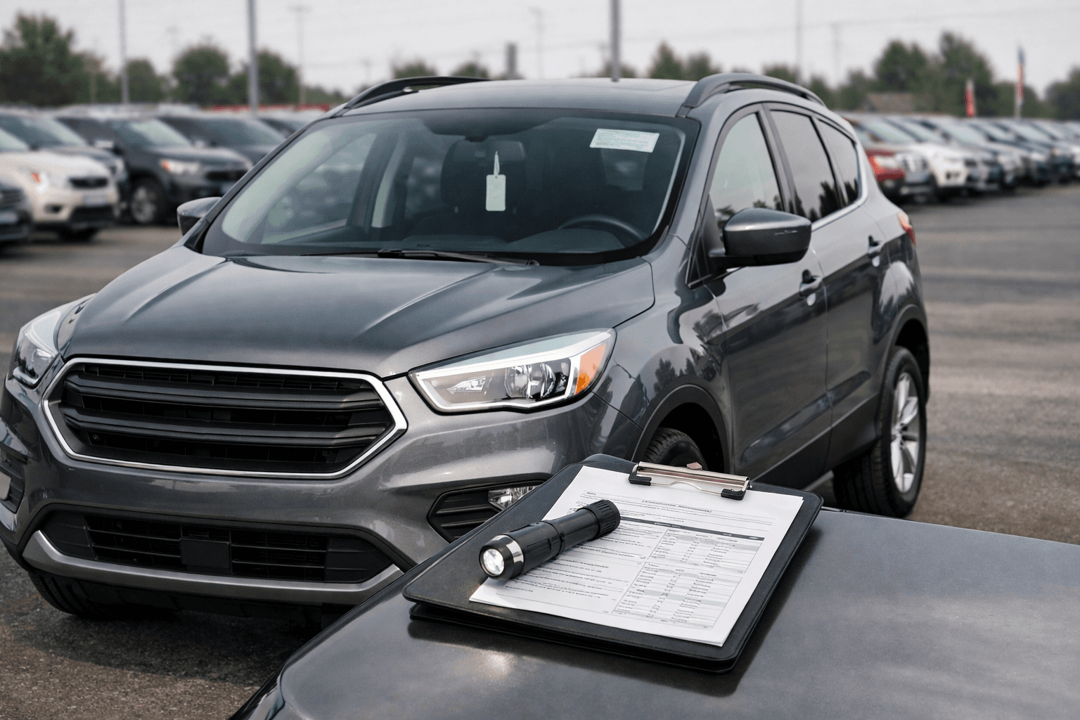 Late-model used SUV in an auto auction lane with a key tag, inspection flashlight, and vehicle history report on a clipboard