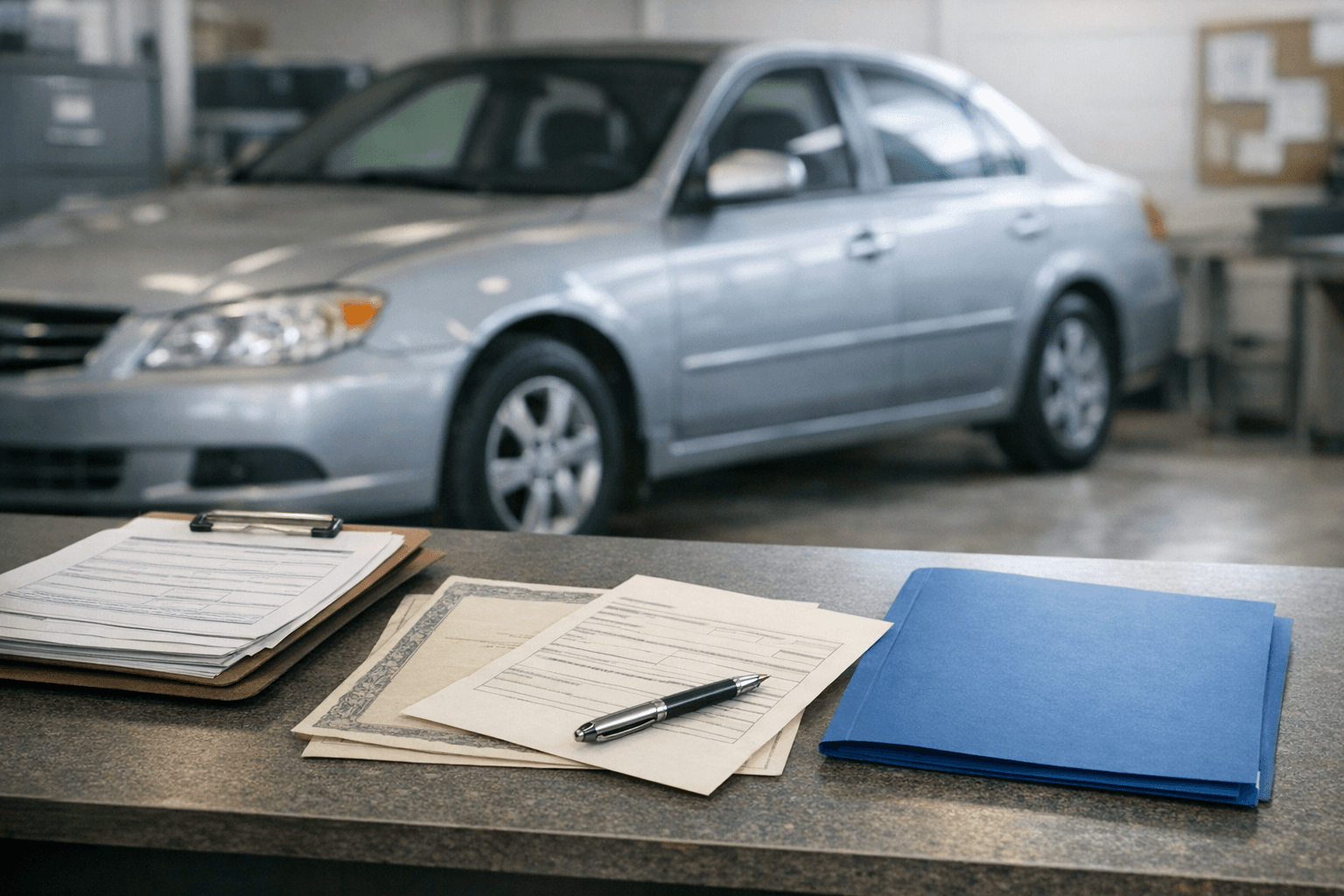Used sedan parked beside vehicle title paperwork, a surety bond packet, and handwritten inspection notes on a desk