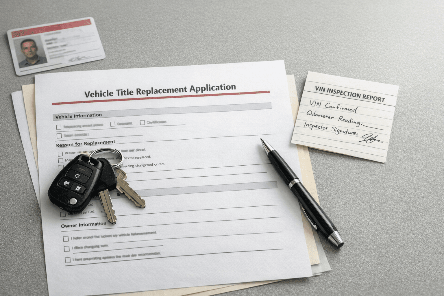 Used-car buyer reviewing replacement title paperwork with seller ID, car keys, and VIN notes on a desk
