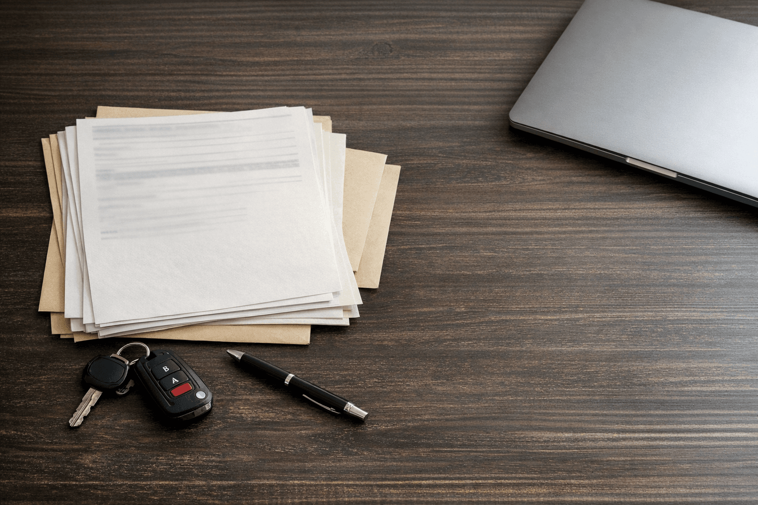 Estate sale vehicle paperwork on a desk with a car title, keys, and probate documents beside a laptop