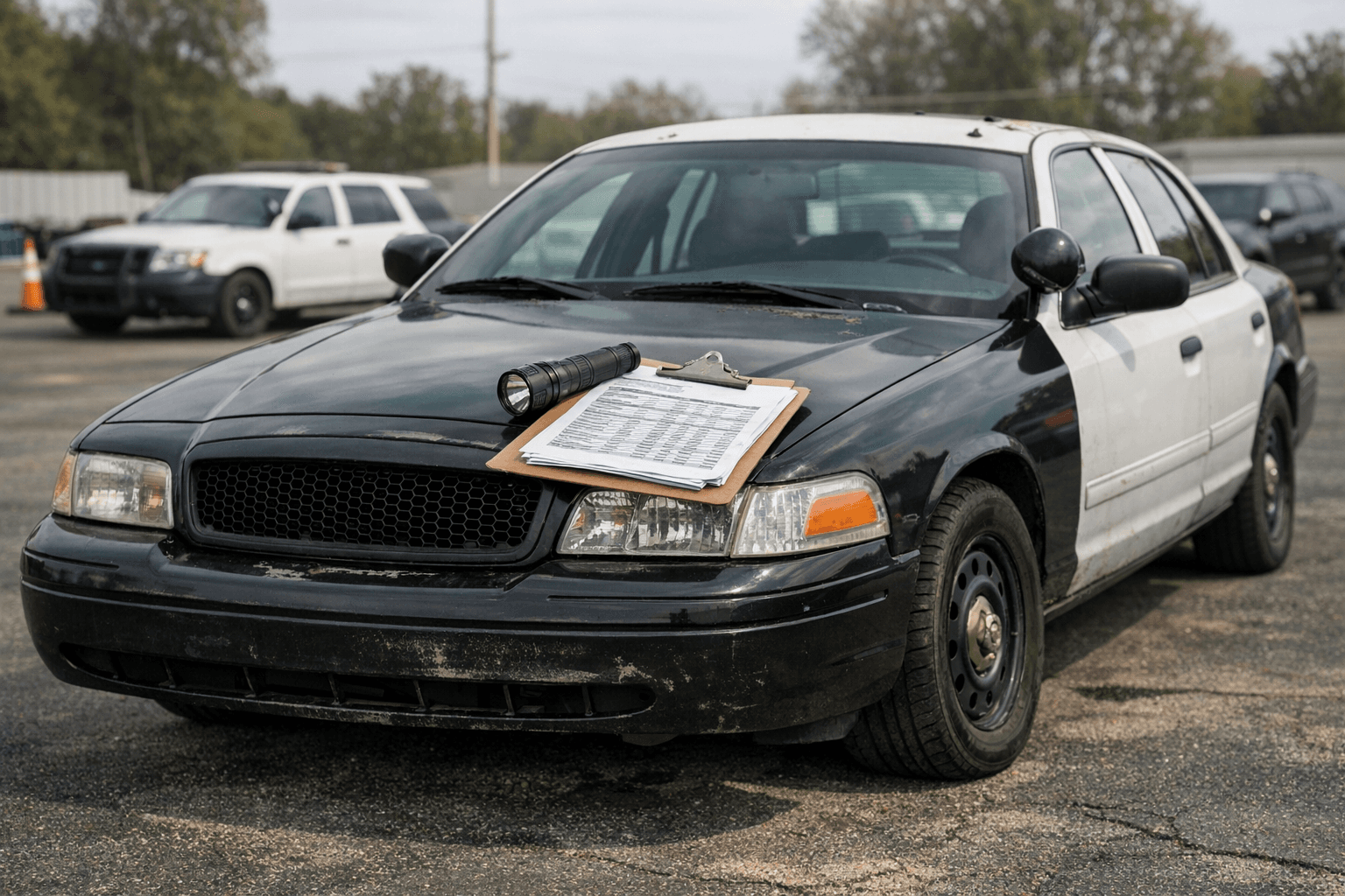 Retired police interceptor at a surplus auction with an inspection flashlight, clipboard, and vehicle history paperwork on the hood