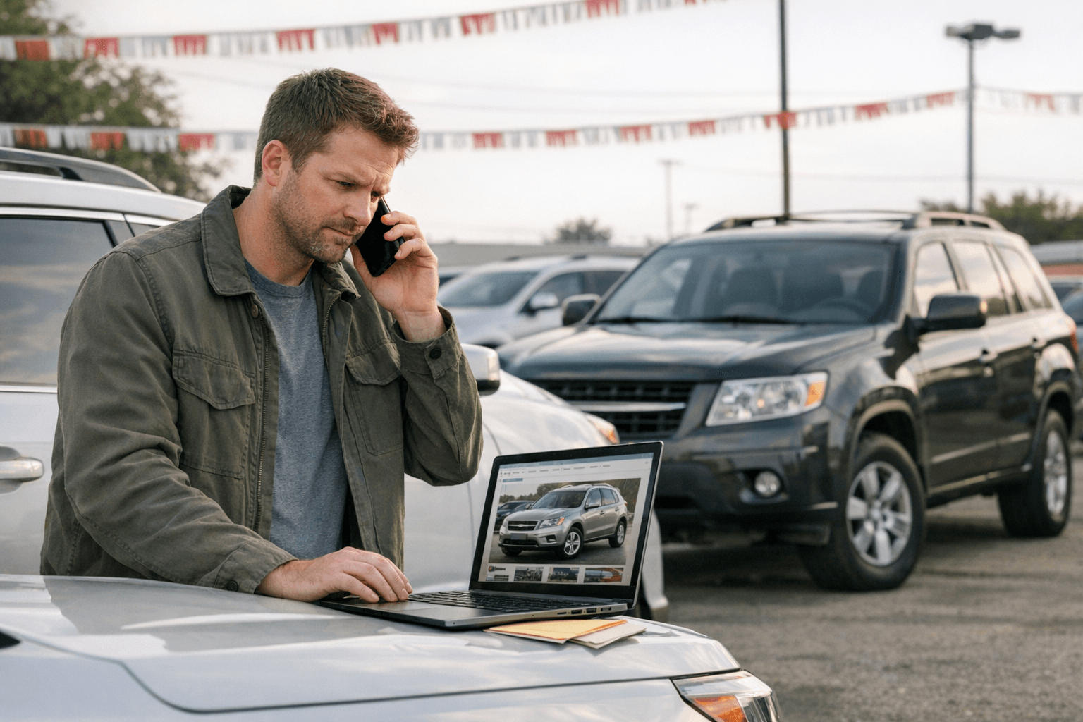 Used-car shopper comparing a dealership listing on a laptop with a phone call confirmation while a different SUV sits on the lot behind them