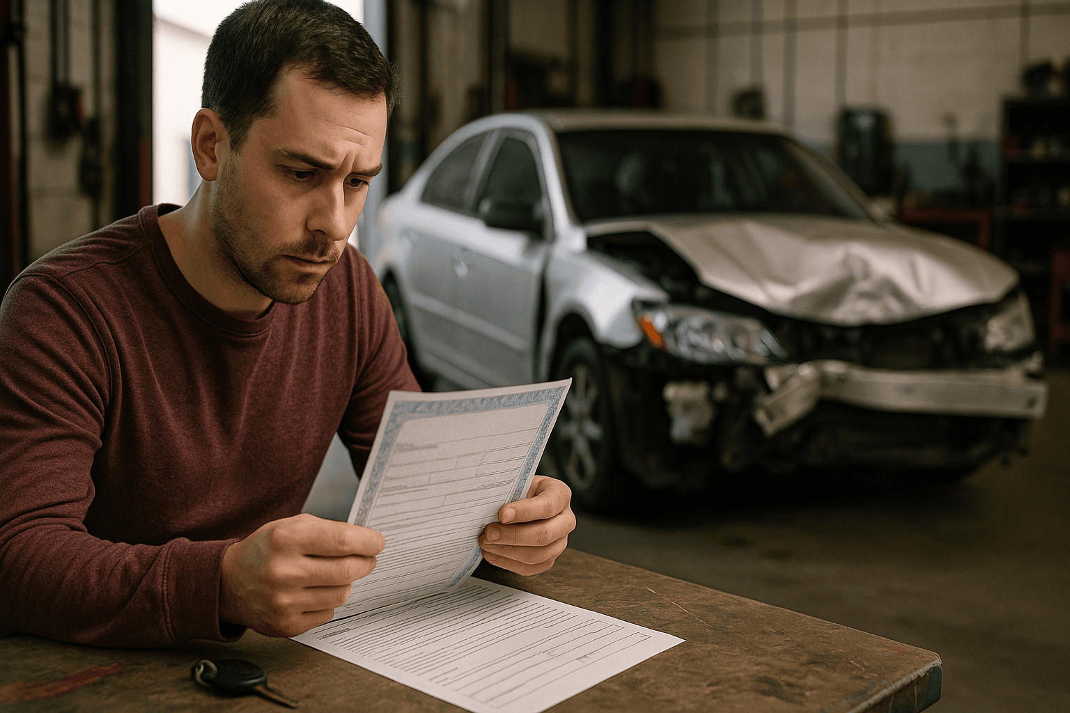 Damaged project car beside title paperwork, keys, and inspection notes in a repair bay