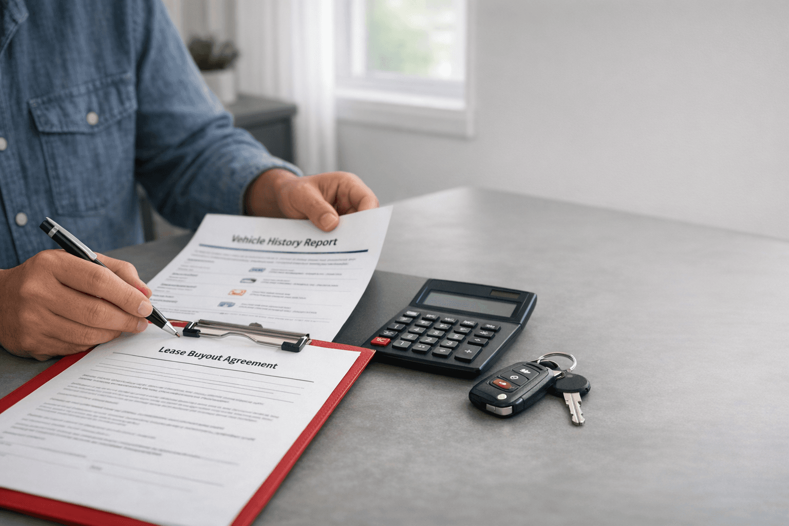 Driver reviewing lease buyout paperwork, a vehicle history report, and a calculator beside a late-model crossover