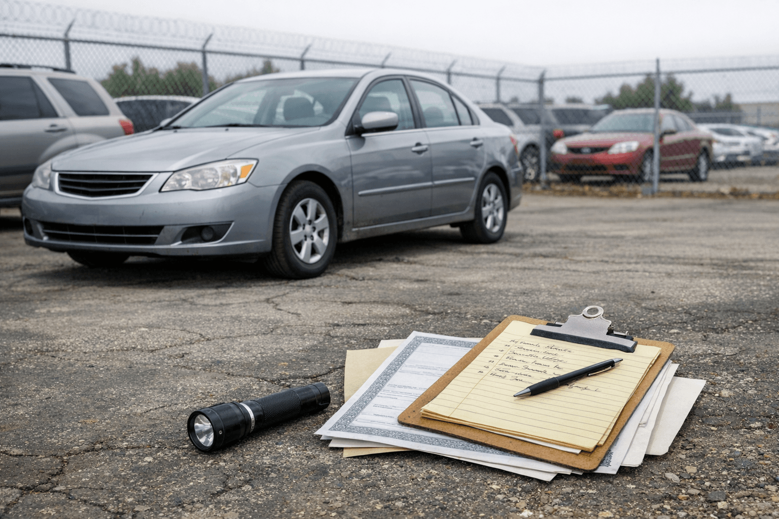 Used sedan in a tow-yard lane beside title paperwork, a flashlight, and handwritten inspection notes