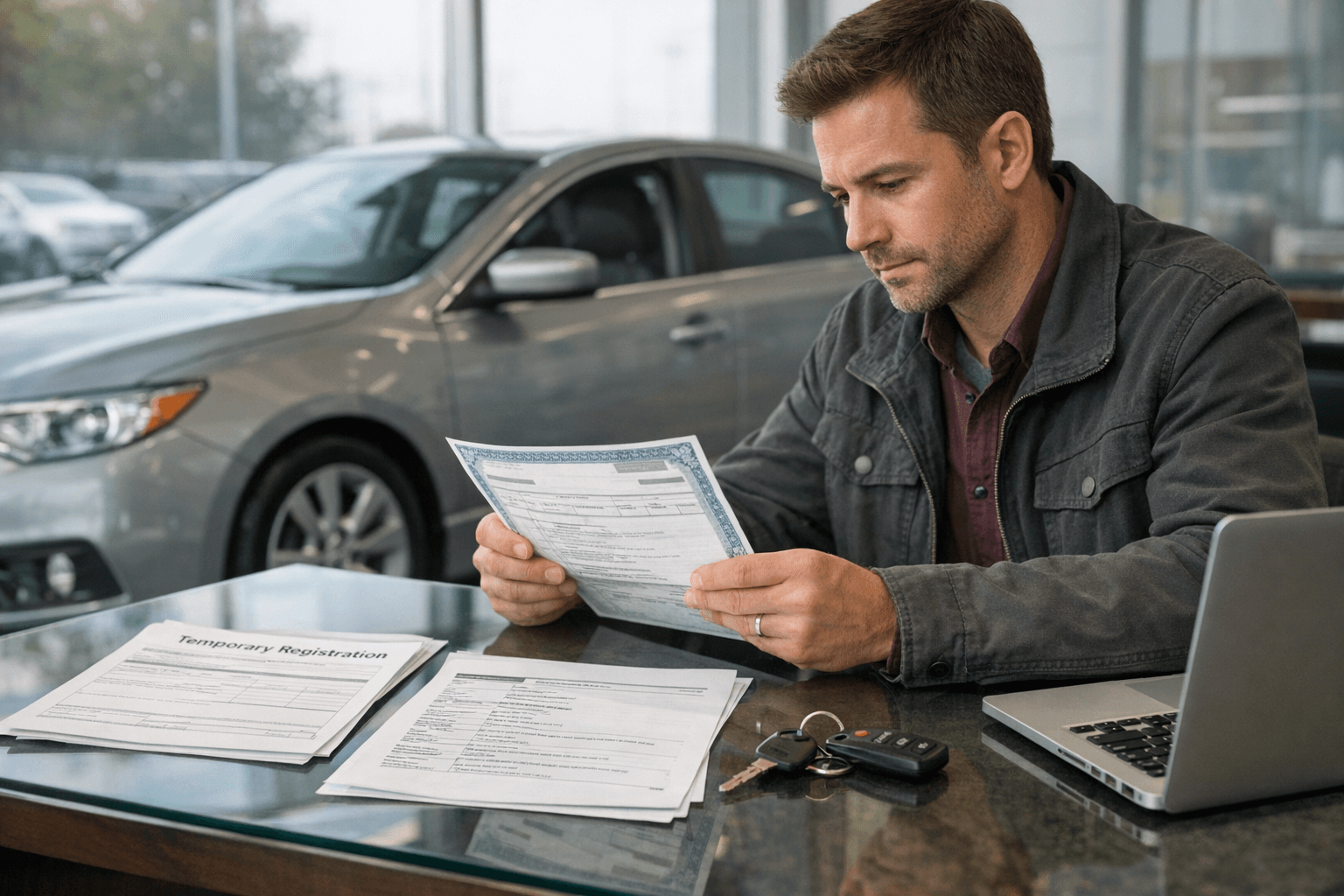 Used car buyer reviewing an out-of-state title packet, temporary registration, and VIN report beside car keys and a laptop