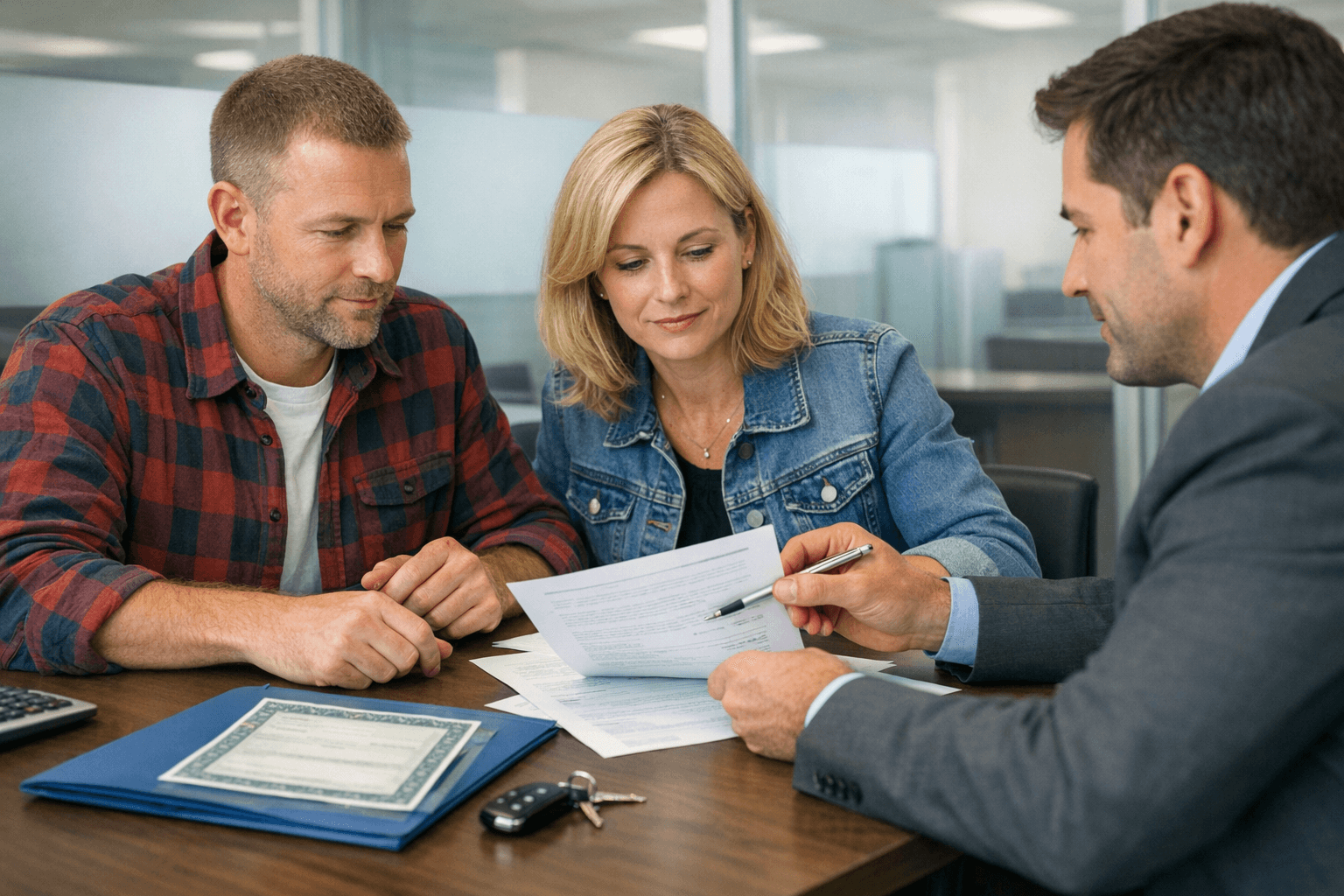 Buyer and seller reviewing auto loan payoff paperwork at a bank desk with car keys and title documents