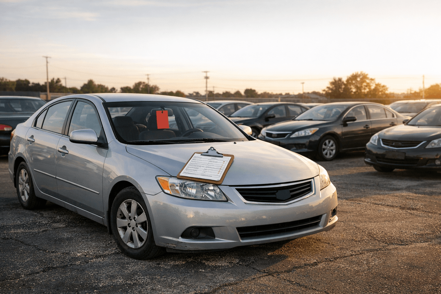 Repossessed used sedan parked in an auction lot beside a clipboard, key tag, and inspection notes