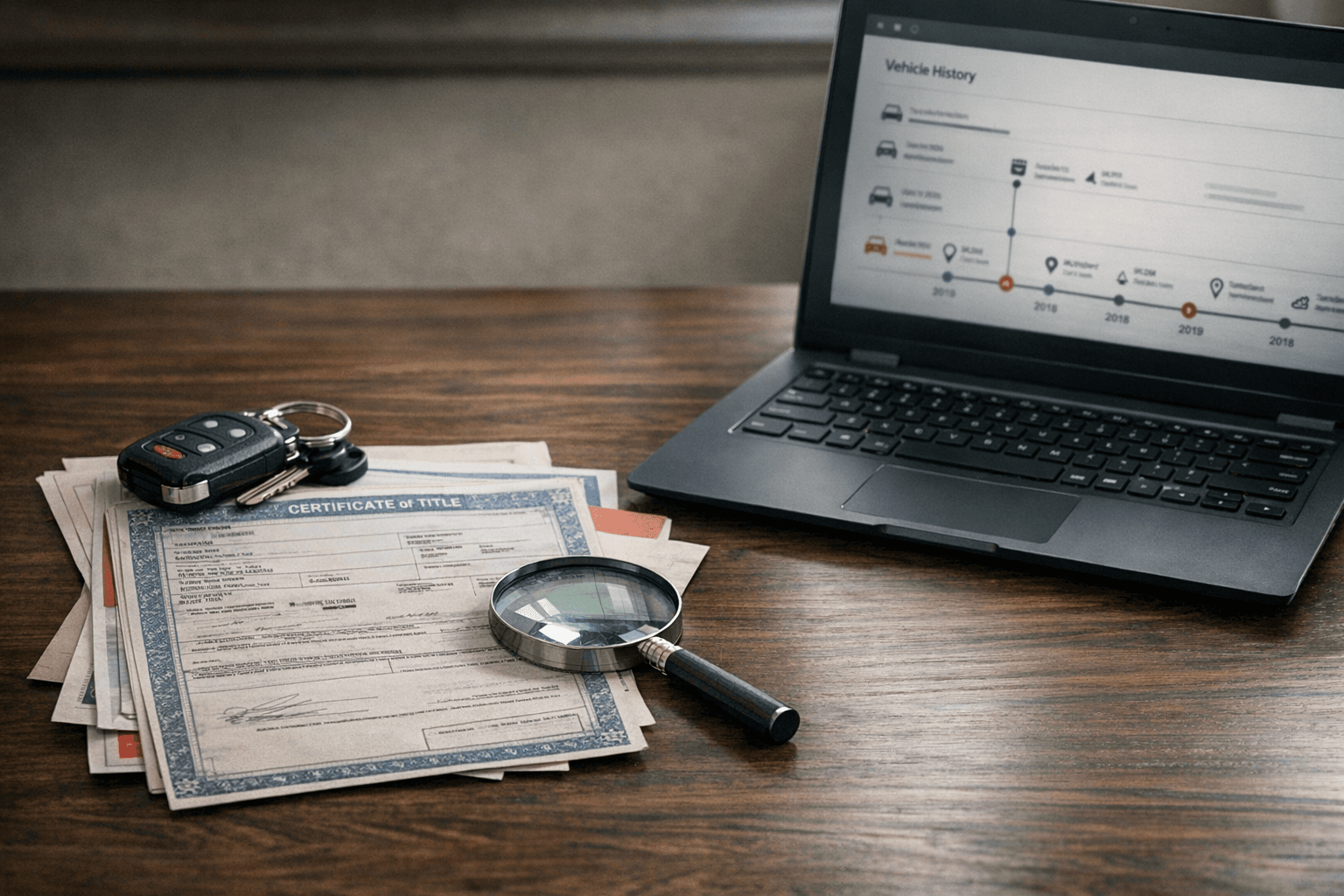 Used car title paperwork on a desk beside keys, a magnifying glass, and a laptop showing a vehicle history timeline