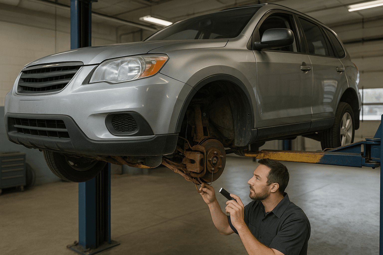 Used SUV raised on a lift while a mechanic inspects rusty brake lines and suspension components with a flashlight