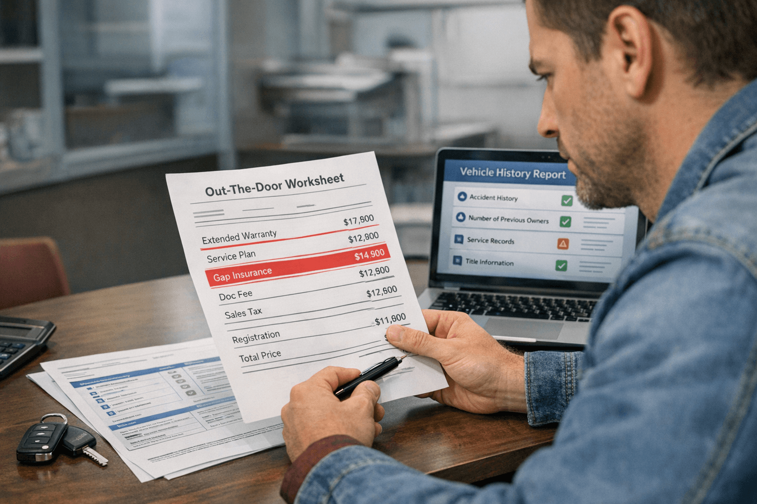 Used-car buyer reviewing an out-the-door price worksheet in a dealership finance office with add-on line items highlighted beside a laptop showing a vehicle history report