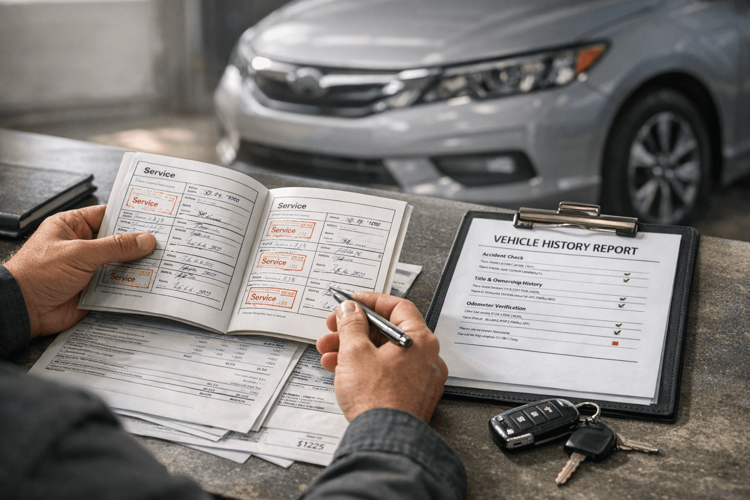 Used-car buyer reviewing stamped service records, repair invoices, and a VIN history report on a workbench beside car keys