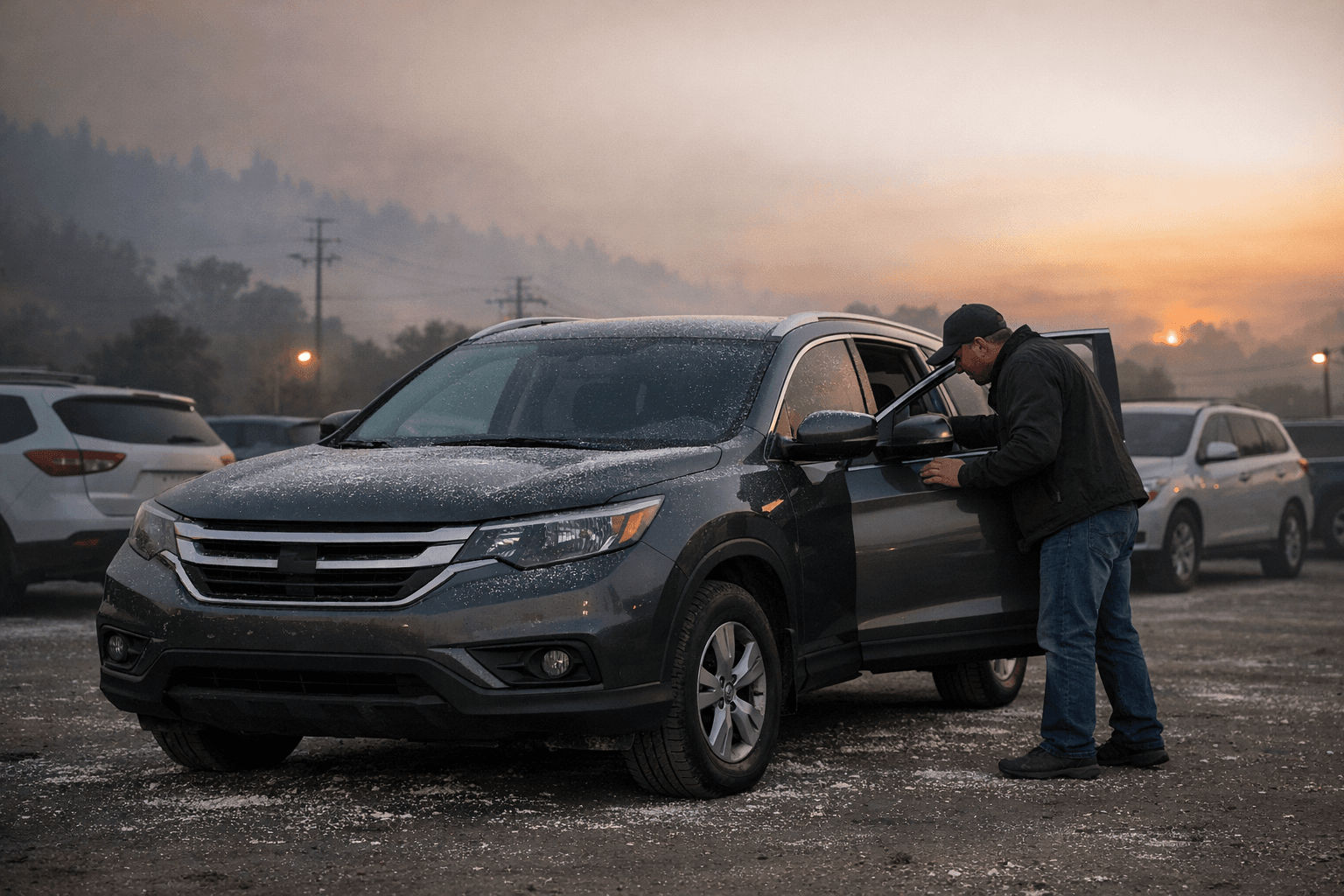 Used SUV coated with light ash under a smoky orange sky while a buyer inspects the hood and cabin vents