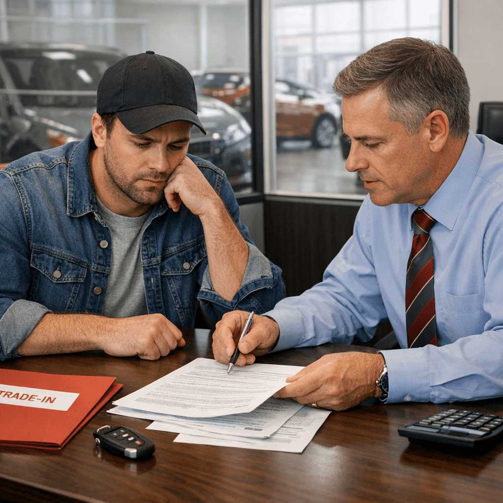 Used-car buyer in a dealership finance office reviewing revised contract terms beside car keys and a trade-in folder